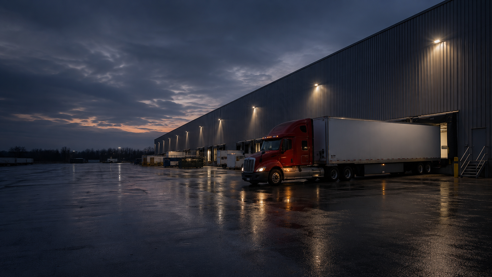 Cross-dock building and tractor-trailer operating at dusk